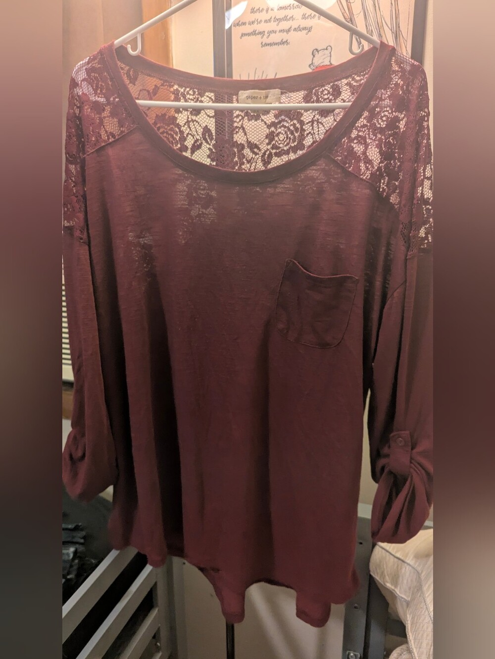 paper tee Burgundy Lace Yoke Long Sleeve Top